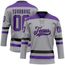 Load image into Gallery viewer, Custom Gray Purple-Black Hockey Lace Neck Jersey