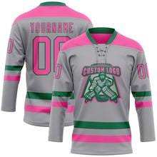 Load image into Gallery viewer, Custom Gray Pink-Kelly Green Hockey Lace Neck Jersey