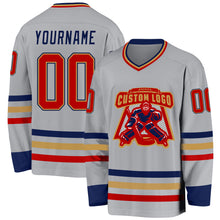 Load image into Gallery viewer, Custom Gray Red Old Gold-Navy Hockey Jersey