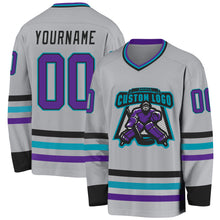 Load image into Gallery viewer, Custom Gray Purple Black-Teal Hockey Jersey