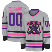 Load image into Gallery viewer, Custom Gray Purple Black-Pink Hockey Jersey