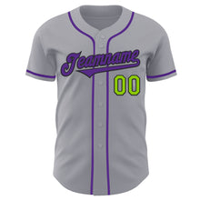 Load image into Gallery viewer, Custom Gray Neon Green Black-Purple Authentic Baseball Jersey