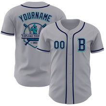 Load image into Gallery viewer, Custom Gray Navy-Teal Authentic Baseball Jersey