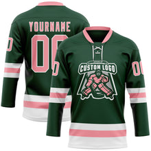 Load image into Gallery viewer, Custom Green Medium Pink-White Hockey Lace Neck Jersey