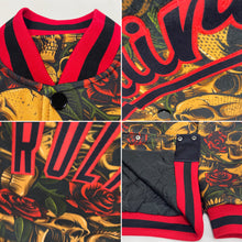 Load image into Gallery viewer, Custom Black Red Rose Skull Fashion 3D Bomber Full-Snap Varsity Letterman Jacket