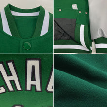 Load image into Gallery viewer, Custom Kelly Green White-Gray Bomber Full-Snap Varsity Letterman Two Tone Jacket