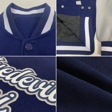 Load image into Gallery viewer, Custom Navy White-Gray Bomber Full-Snap Varsity Letterman Two Tone Jacket