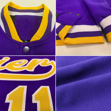 Load image into Gallery viewer, Custom Purple Gold-White Bomber Full-Snap Varsity Letterman Jacket