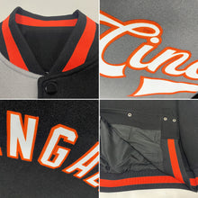 Load image into Gallery viewer, Custom Black Orange-Gray Bomber Full-Snap Varsity Letterman Split Fashion Jacket