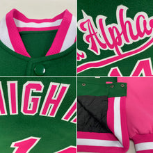 Load image into Gallery viewer, Custom Kelly Green Pink-White Bomber Full-Snap Varsity Letterman Two Tone Jacket