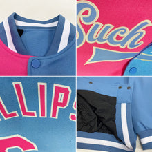 Load image into Gallery viewer, Custom Light Blue Pink-White Bomber Full-Snap Varsity Letterman Split Fashion Jacket