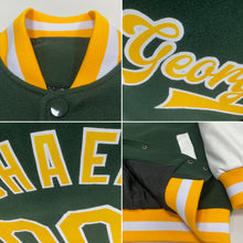 Load image into Gallery viewer, Custom Green Gold-White Bomber Full-Snap Varsity Letterman Two Tone Jacket