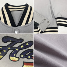 Load image into Gallery viewer, Custom Gray Vintage USA Flag Black-Cream Bomber Full-Snap Varsity Letterman Jacket
