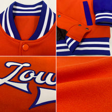 Load image into Gallery viewer, Custom Orange White-Royal Bomber Full-Snap Varsity Letterman Two Tone Jacket