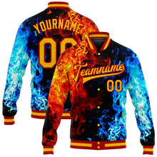 Load image into Gallery viewer, Custom Black Gold Red-Royal Flame 3D Pattern Design Bomber Full-Snap Varsity Letterman Jacket