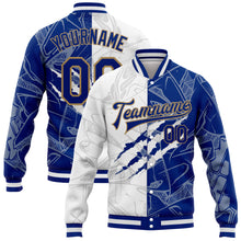 Load image into Gallery viewer, Custom Graffiti Pattern Royal-Old Gold Scratch 3D Bomber Full-Snap Varsity Letterman Jacket