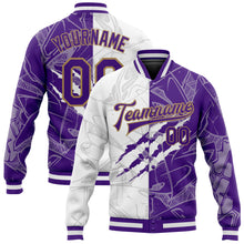 Load image into Gallery viewer, Custom Graffiti Pattern Purple-Old Gold Scratch 3D Bomber Full-Snap Varsity Letterman Jacket