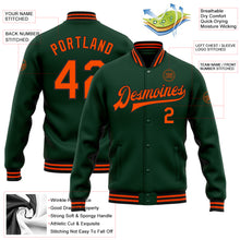 Load image into Gallery viewer, Custom Green Orange-Black Bomber Full-Snap Varsity Letterman Jacket