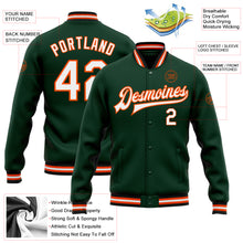 Load image into Gallery viewer, Custom Green White Orange-Black Bomber Full-Snap Varsity Letterman Jacket