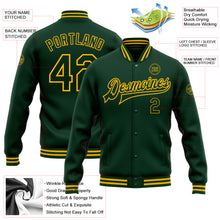 Load image into Gallery viewer, Custom Green Gold Bomber Full-Snap Varsity Letterman Jacket
