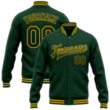 Load image into Gallery viewer, Custom Green Gold Bomber Full-Snap Varsity Letterman Jacket