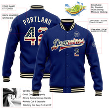 Load image into Gallery viewer, Custom Royal Vintage USA Flag Cream-Black Bomber Full-Snap Varsity Letterman Jacket