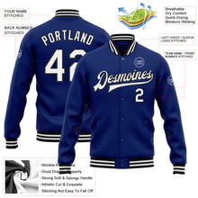 Load image into Gallery viewer, Custom Royal White-Black Bomber Full-Snap Varsity Letterman Jacket