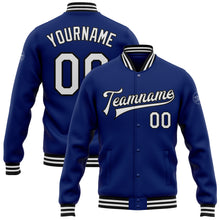 Load image into Gallery viewer, Custom Royal White-Black Bomber Full-Snap Varsity Letterman Jacket