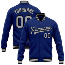Load image into Gallery viewer, Custom Royal Gray-Black Bomber Full-Snap Varsity Letterman Jacket