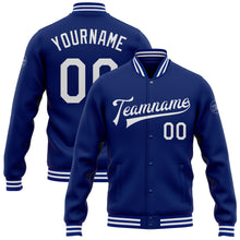Load image into Gallery viewer, Custom Royal White Bomber Full-Snap Varsity Letterman Jacket