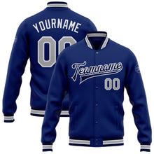 Load image into Gallery viewer, Custom Royal Gray-Navy Bomber Full-Snap Varsity Letterman Jacket