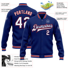 Load image into Gallery viewer, Custom Royal White-Red Bomber Full-Snap Varsity Letterman Jacket