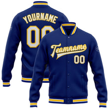 Load image into Gallery viewer, Custom Royal White-Yellow Bomber Full-Snap Varsity Letterman Jacket