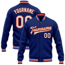 Load image into Gallery viewer, Custom Royal White-Orange Bomber Full-Snap Varsity Letterman Jacket