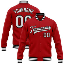 Load image into Gallery viewer, Custom Red White-Black Bomber Full-Snap Varsity Letterman Jacket