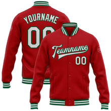 Load image into Gallery viewer, Custom Red White-Kelly Green Bomber Full-Snap Varsity Letterman Jacket