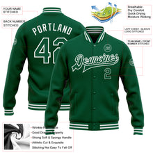 Load image into Gallery viewer, Custom Kelly Green White Bomber Full-Snap Varsity Letterman Jacket