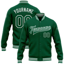 Load image into Gallery viewer, Custom Kelly Green White Bomber Full-Snap Varsity Letterman Jacket