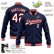 Load image into Gallery viewer, Custom Navy White-Red Bomber Full-Snap Varsity Letterman Jacket