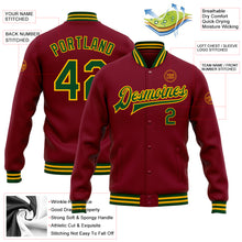 Load image into Gallery viewer, Custom Crimson Green-Gold Bomber Full-Snap Varsity Letterman Jacket