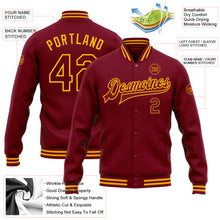 Load image into Gallery viewer, Custom Crimson Gold Bomber Full-Snap Varsity Letterman Jacket