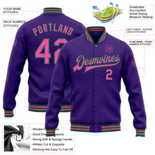 Load image into Gallery viewer, Custom Purple Pink-Kelly Green Bomber Full-Snap Varsity Letterman Jacket