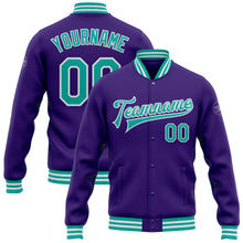 Load image into Gallery viewer, Custom Purple Aqua-White Bomber Full-Snap Varsity Letterman Jacket