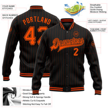 Load image into Gallery viewer, Custom Black Orange Pinstripe Orange Bomber Full-Snap Varsity Letterman Jacket