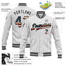 Load image into Gallery viewer, Custom White Black Pinstripe Vintage USA Flag Bomber Full-Snap Varsity Letterman Jacket