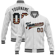 Load image into Gallery viewer, Custom White Black Pinstripe Vintage USA Flag Bomber Full-Snap Varsity Letterman Jacket