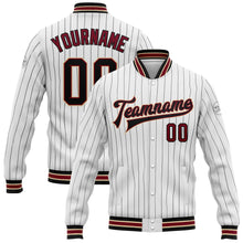 Load image into Gallery viewer, Custom White Black Pinstripe Crimson-City Cream Bomber Full-Snap Varsity Letterman Jacket