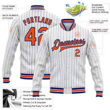 Load image into Gallery viewer, Custom White Royal Pinstripe Orange Bomber Full-Snap Varsity Letterman Jacket