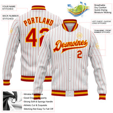 Load image into Gallery viewer, Custom White Red Pinstripe Gold Bomber Full-Snap Varsity Letterman Jacket
