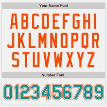 Load image into Gallery viewer, Custom White Teal Pinstripe Orange-Black Bomber Full-Snap Varsity Letterman Jacket